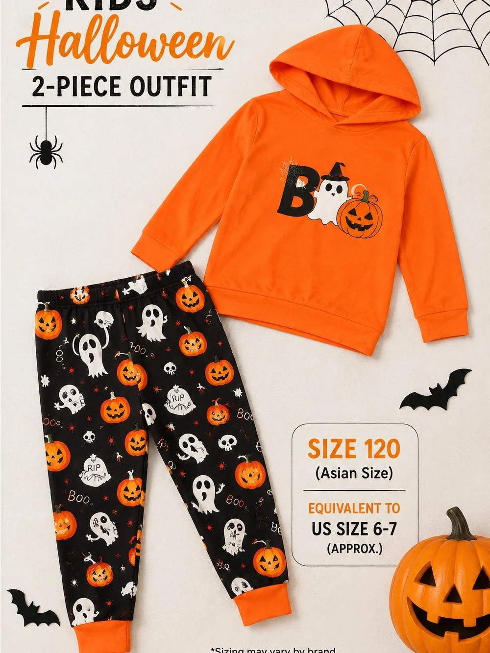 Kids Halloween Pumpkin & Ghost Hoodie Set - Orange & Black